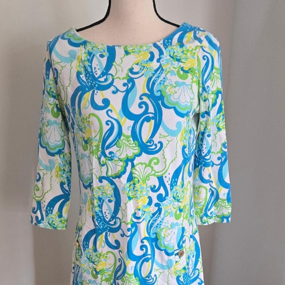 Lilly Pulitzer blue green white paisley dress button front and 3/4 sleeve S